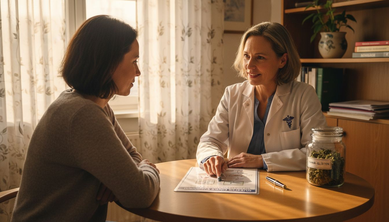 Ein Arzt erklärt einer Patientin, wie sich Cannabinoide auf den Körper auswirken und beantwortet ihre Fragen zu möglichen Nebenwirkungen und Nutzen.