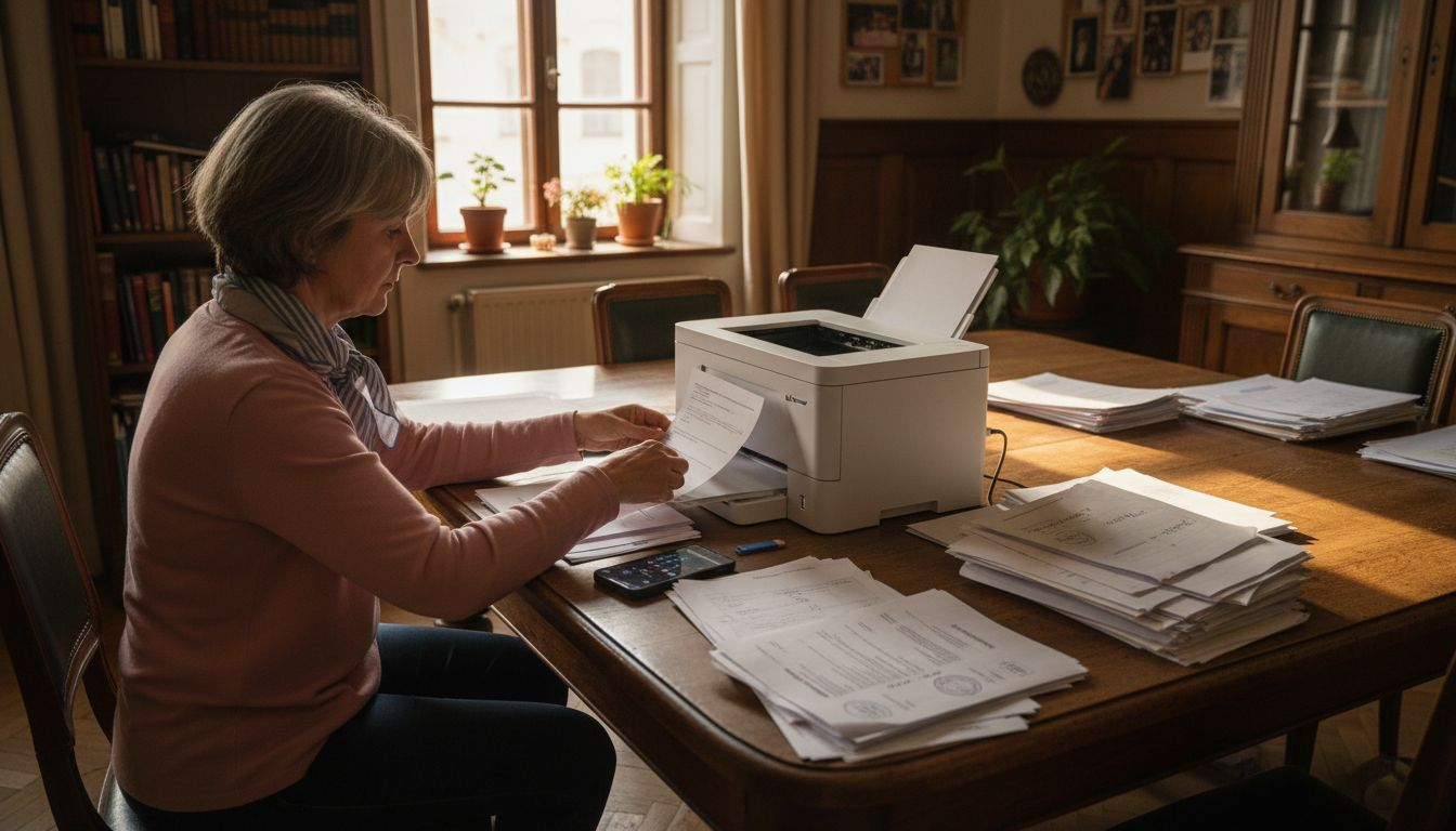 Eine Frau scannt am Schreibtisch medizinische Unterlagen ein und speichert sie digital.