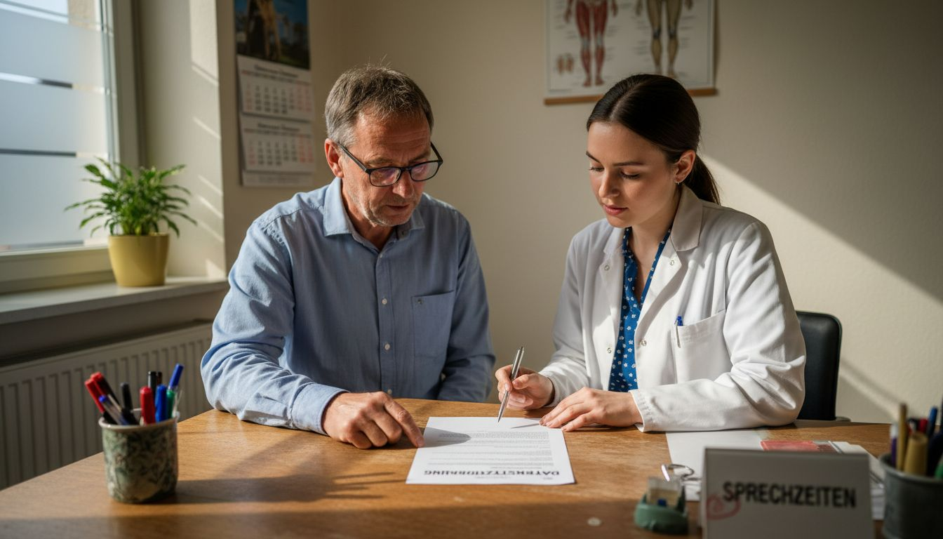 Patient und Arzt gehen gemeinsam die Datenschutzunterlagen durch.