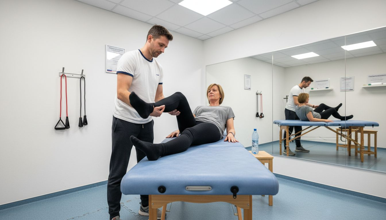 Ein Therapeut unterstützt einen MS-Patienten bei Dehnübungen.