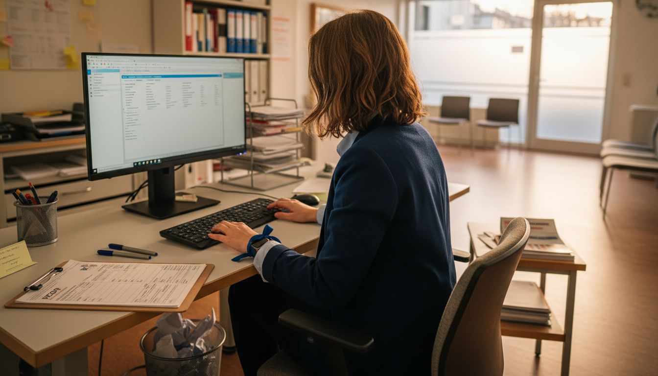 Eine Ärztin dokumentiert in ihrer Praxis den Ablauf der Rezeptausstellung.