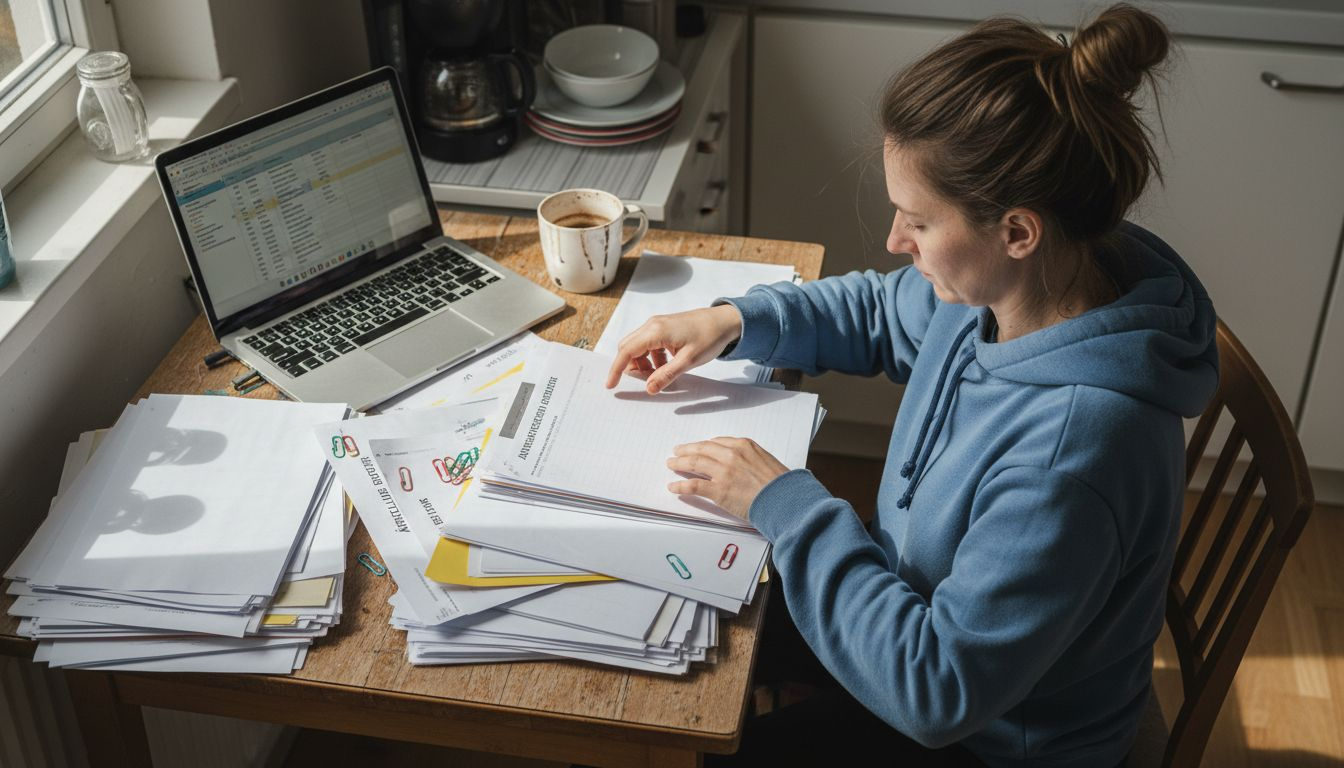 Eine Frau sitzt am heimischen Esstisch und sortiert ihre medizinischen Unterlagen.