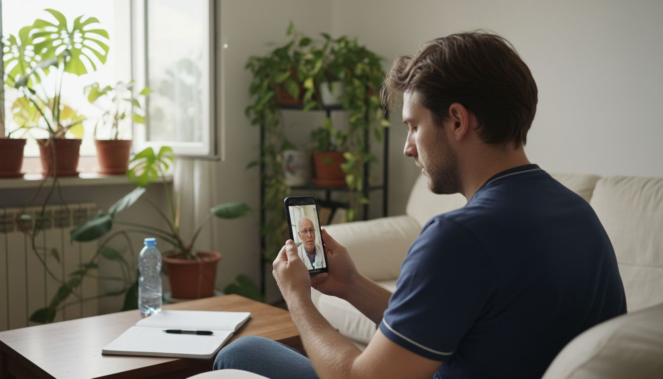 Patient nimmt an einer Verlaufskontrolle per Videotelefonie bequem von zu Hause aus im Wohnzimmer teil.