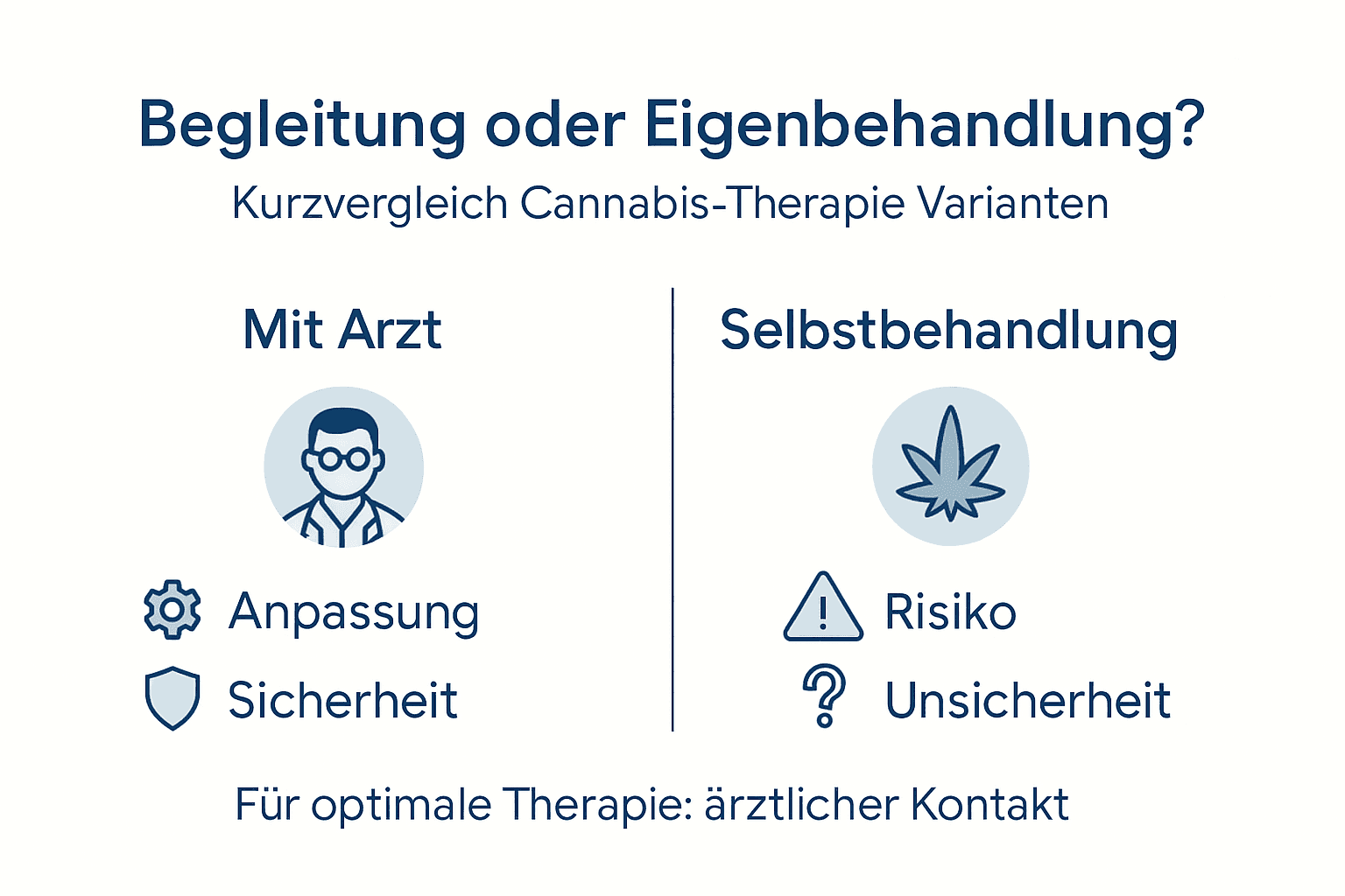 Diese Infografik veranschaulicht die Unterschiede zwischen medizinischer Betreuung durch einen Arzt und Eigenmedikation.