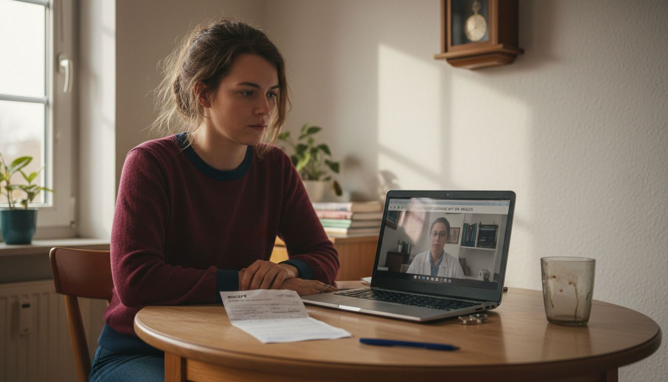 Die Patientin nimmt bequem von zu Hause aus an einer Videosprechstunde teil und nutzt dafür ihren Laptop.