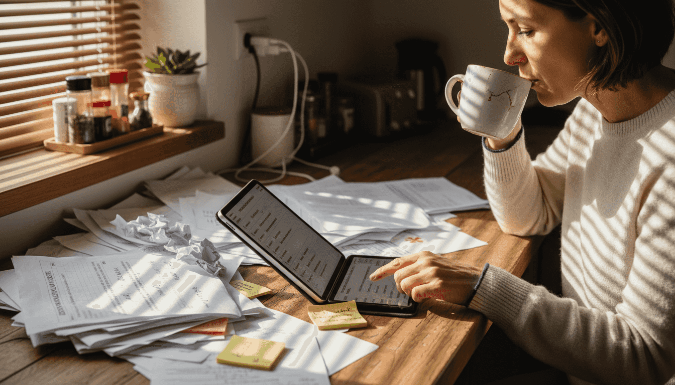 Eine Frau sortiert Unterlagen zur Vorbereitung auf ein Beratungsgespräch.