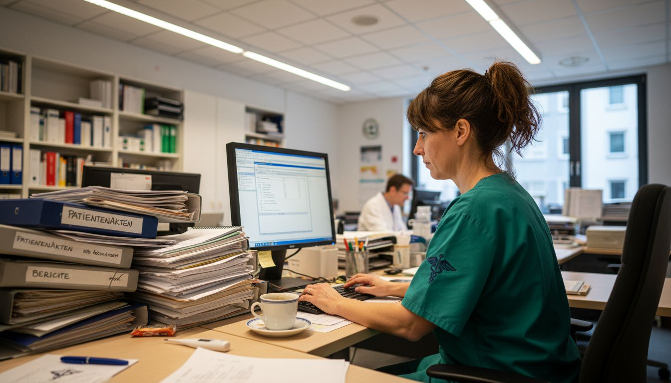 Der Arzt aktualisiert die Patientenakte im Rahmen einer Cannabis-Therapie.