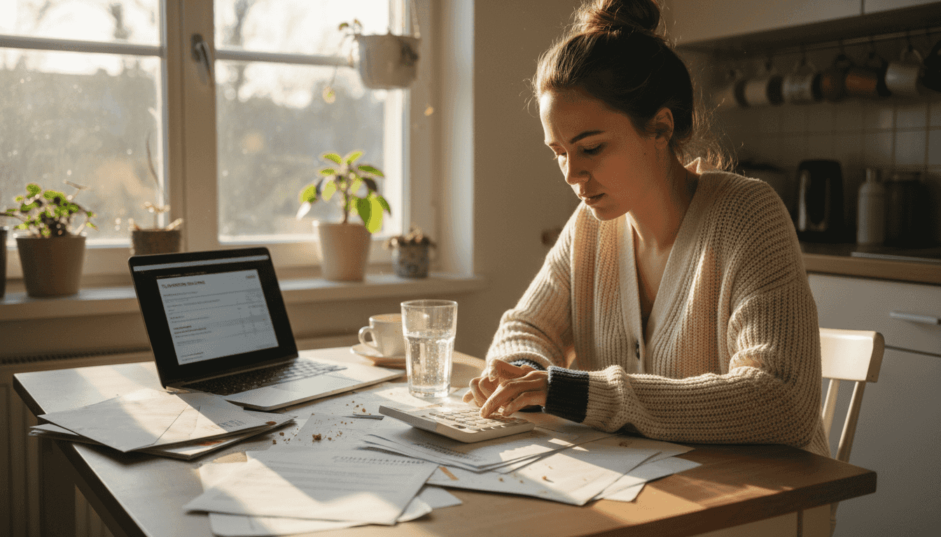 Eine Frau sitzt am Küchentisch und prüft die Kosten für ihre Cannabis-Telemedizin-Beratung.