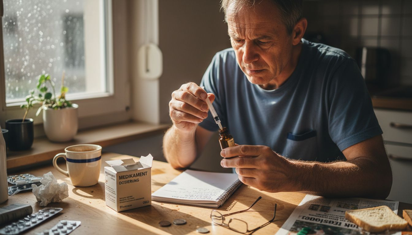 Ein Mann stellt am Tisch ein Cannabis-Medikament zur Einnahme her.