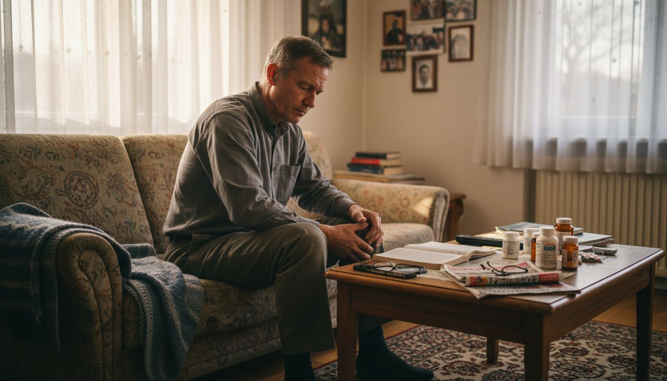 Ein Mann massiert sein Bein, um nervenbedingte Schmerzen zu lindern.