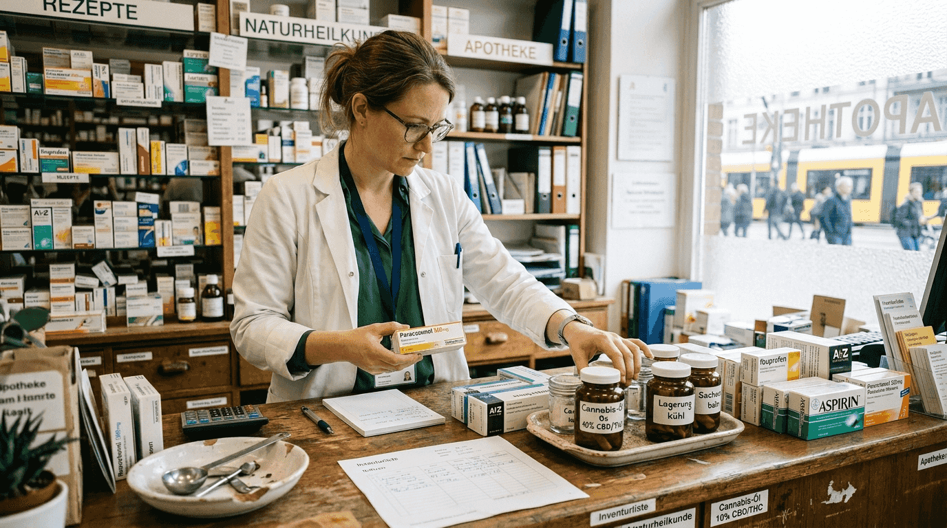 Der Apotheker stellt verschiedene Cannabis-Präparate für die individuelle Behandlung zusammen.