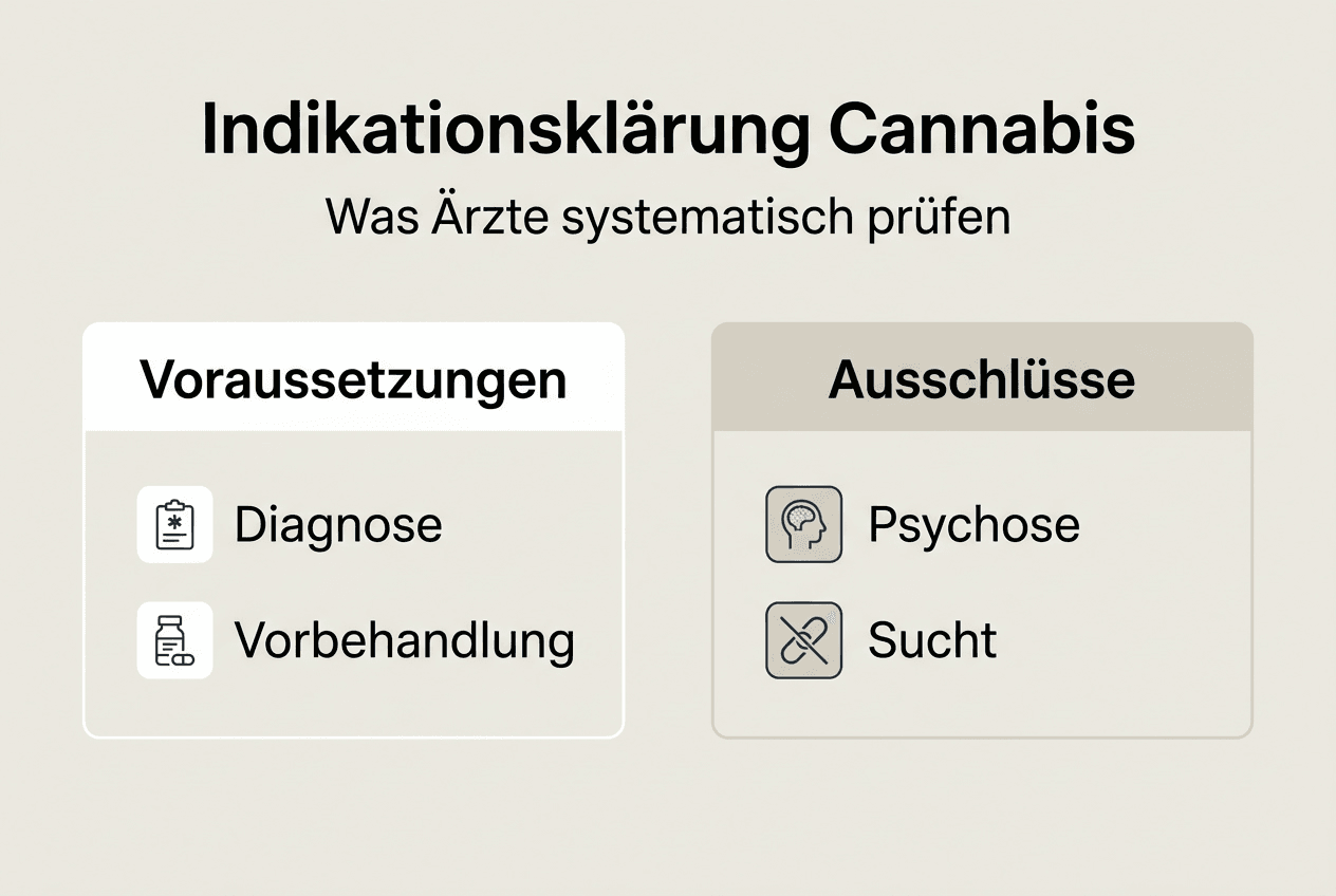 Die Infografik veranschaulicht die einzelnen Schritte zur Abklärung einer Cannabis-Indikation.