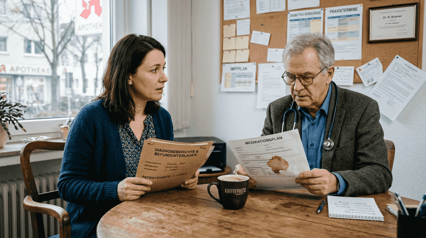 Im Gespräch erklärt der Arzt seiner Patientin die Möglichkeiten einer Behandlung mit medizinischem Cannabis.