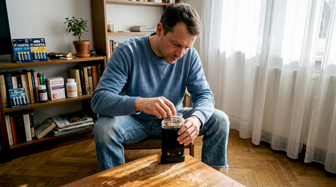 Ein Patient bereitet zu Hause seinen medizinischen Cannabis-Vaporizer vor.