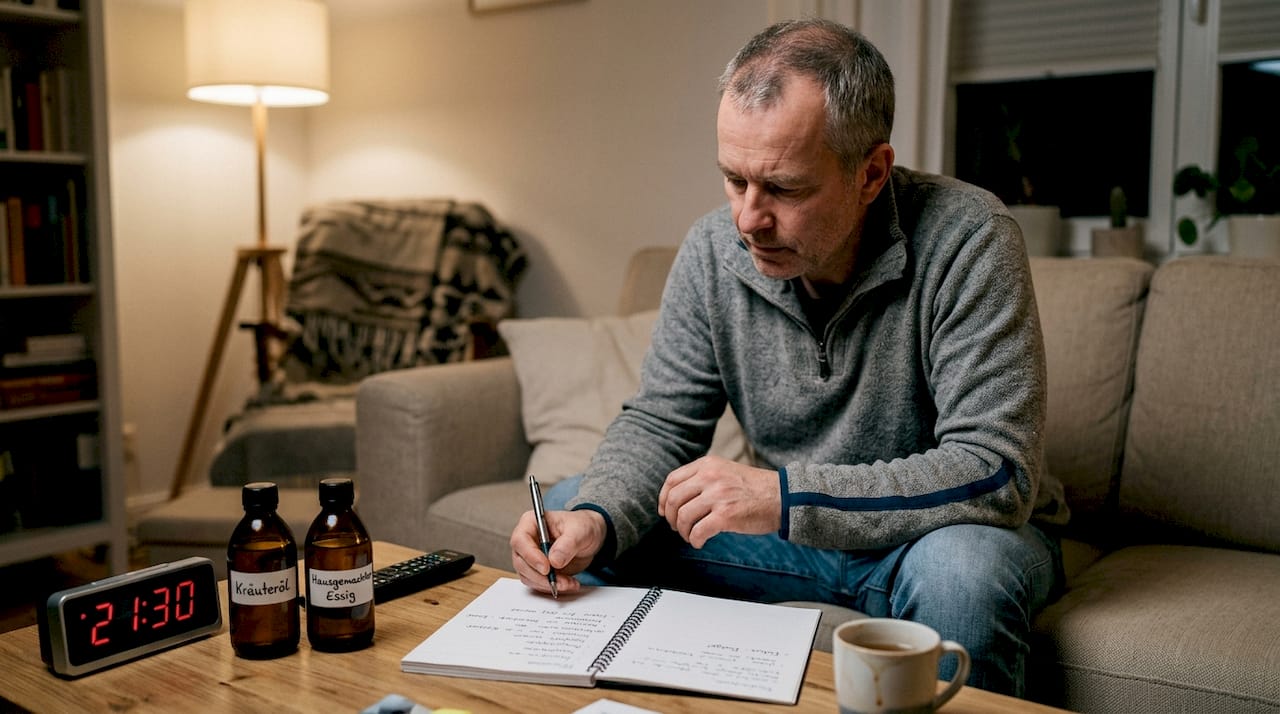 Ein Mann notiert im Wohnzimmer sorgfältig seine Cannabis-Menge.