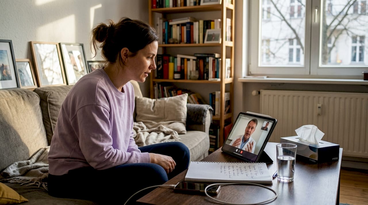 Eine Frau führt von zu Hause aus ein Videogespräch mit ihrem Arzt.