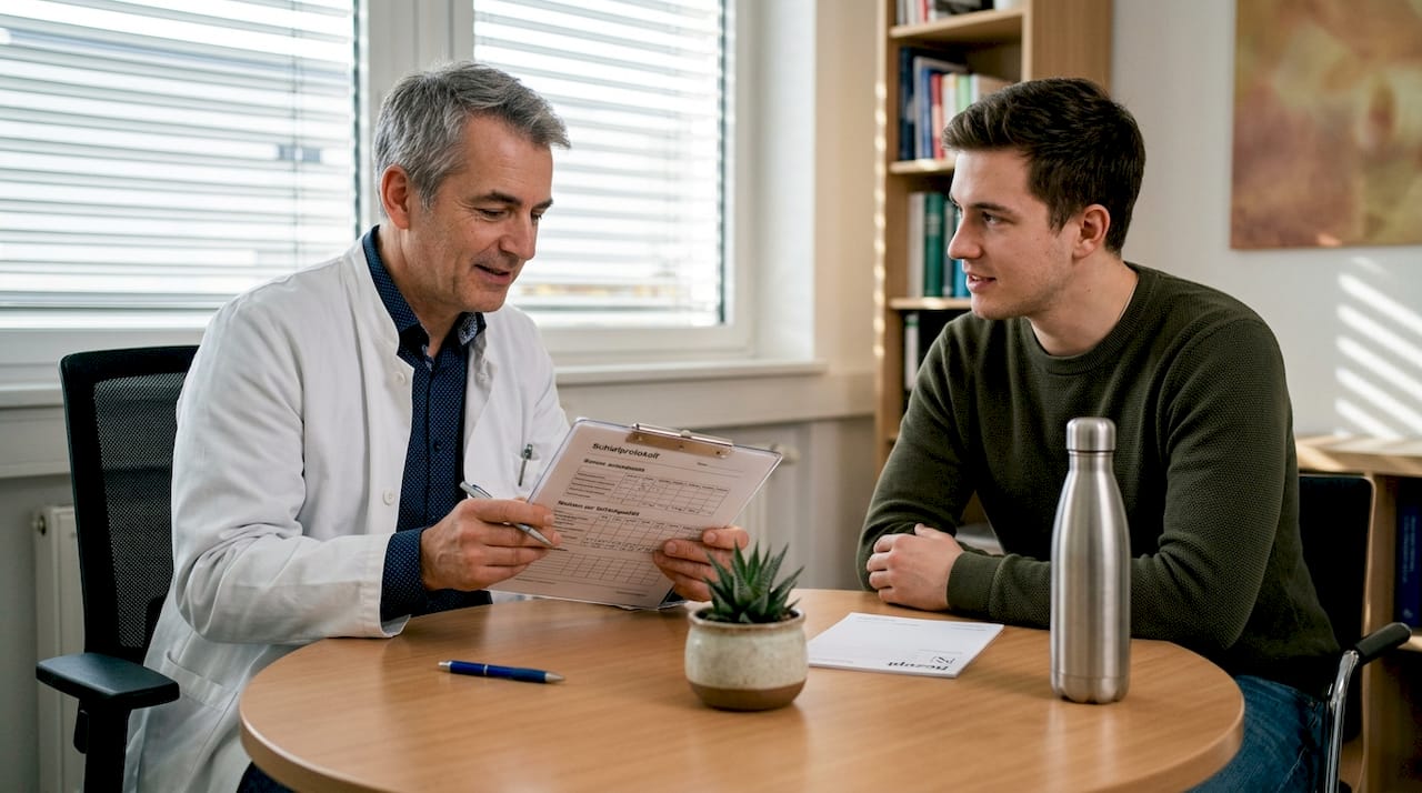 Ein Arzt führt ein Beratungsgespräch mit seinem Patienten über den Umgang mit Cannabis.