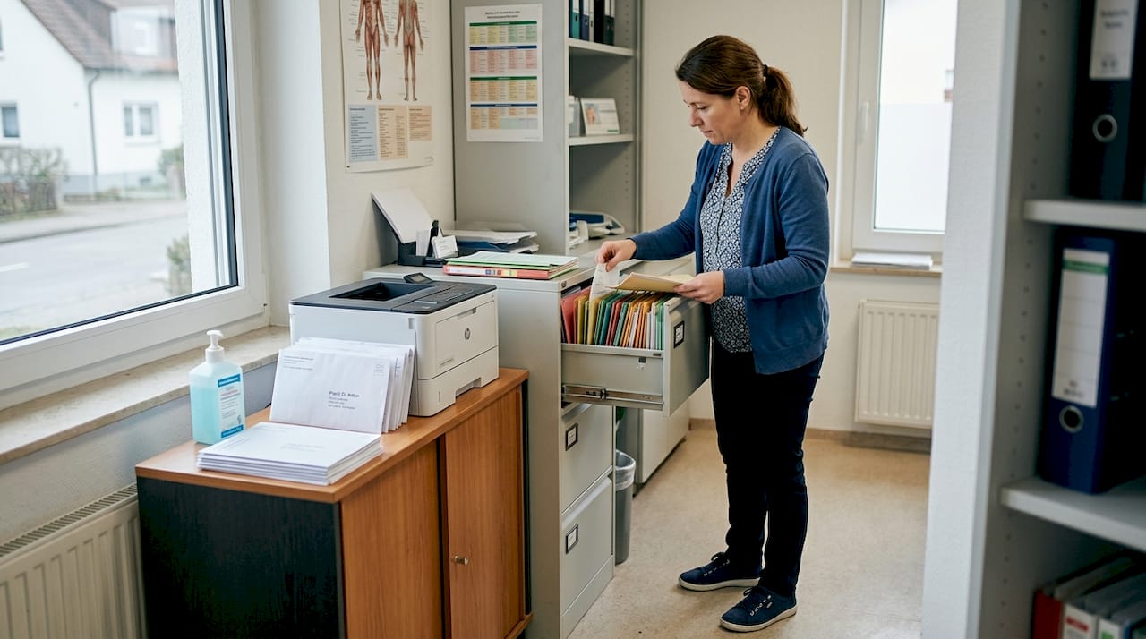 Eine medizinische Fachangestellte ordnet Patientenakten in der Praxis.