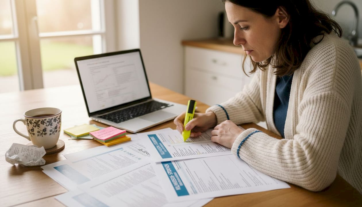 Eine Frau sitzt am Tisch und prüft aufmerksam Unterlagen zu einer medizinischen Studie.