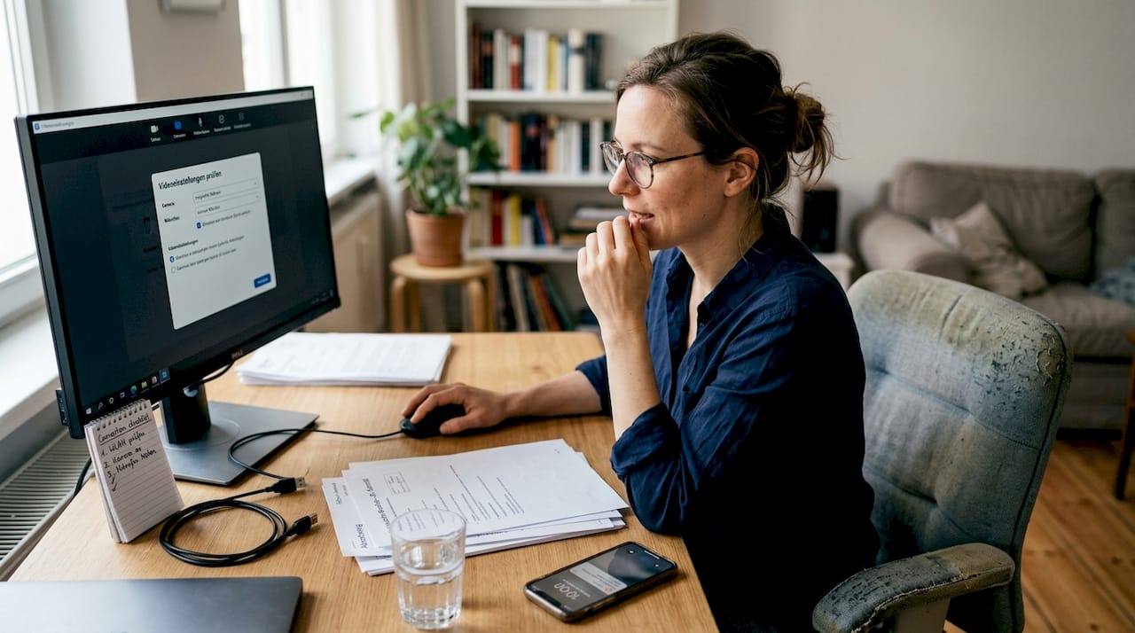 Eine Frau bereitet sich zu Hause auf ihren Termin per Videosprechstunde mit dem Arzt vor.