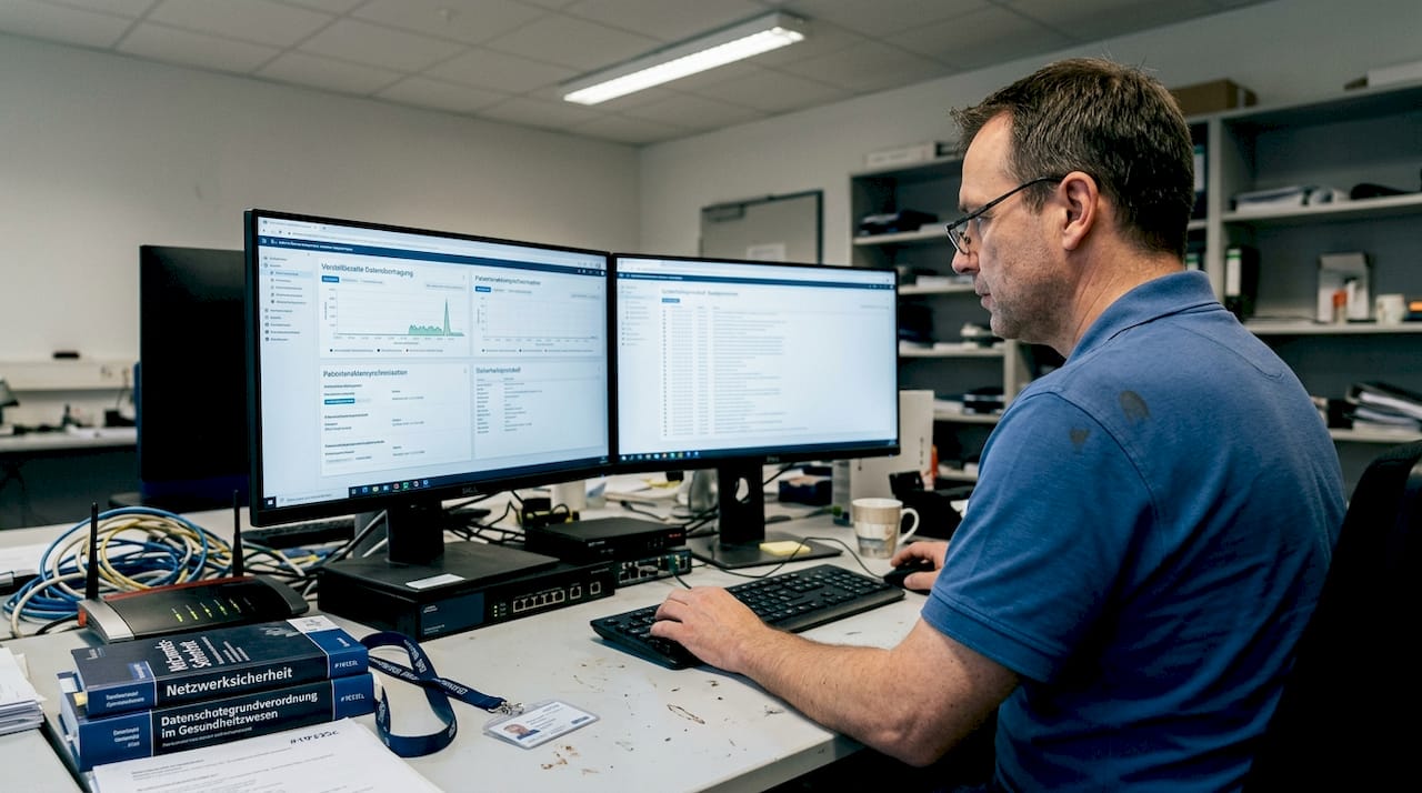 Ein IT-Experte überprüft die Datenverschlüsselung in der Klinik.