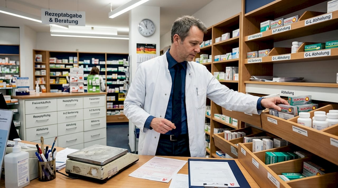 In der Apotheke sortiert der Apotheker verschiedene Cannabis-Präparate und bereitet sie für die Abgabe an die Patienten vor.