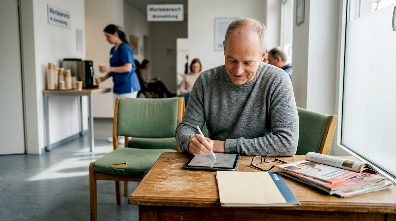 Im Wartebereich füllt der Patient das Anmeldeformular bequem auf dem Tablet aus.
