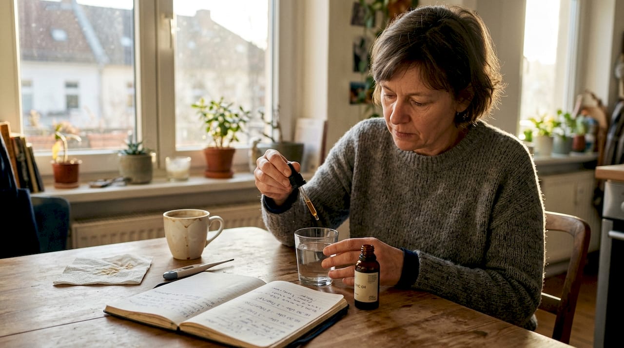 Ein Patient misst die richtige Dosis THC-Öl für den Eigengebrauch zu Hause ab.