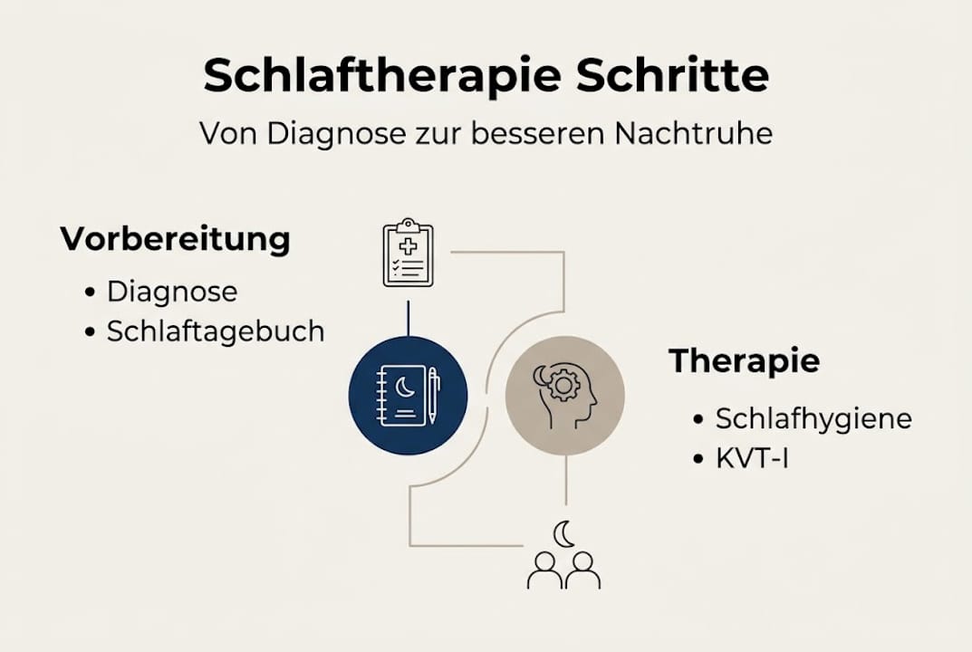 Diese Infografik veranschaulicht die einzelnen Schritte einer Schlaftherapie.