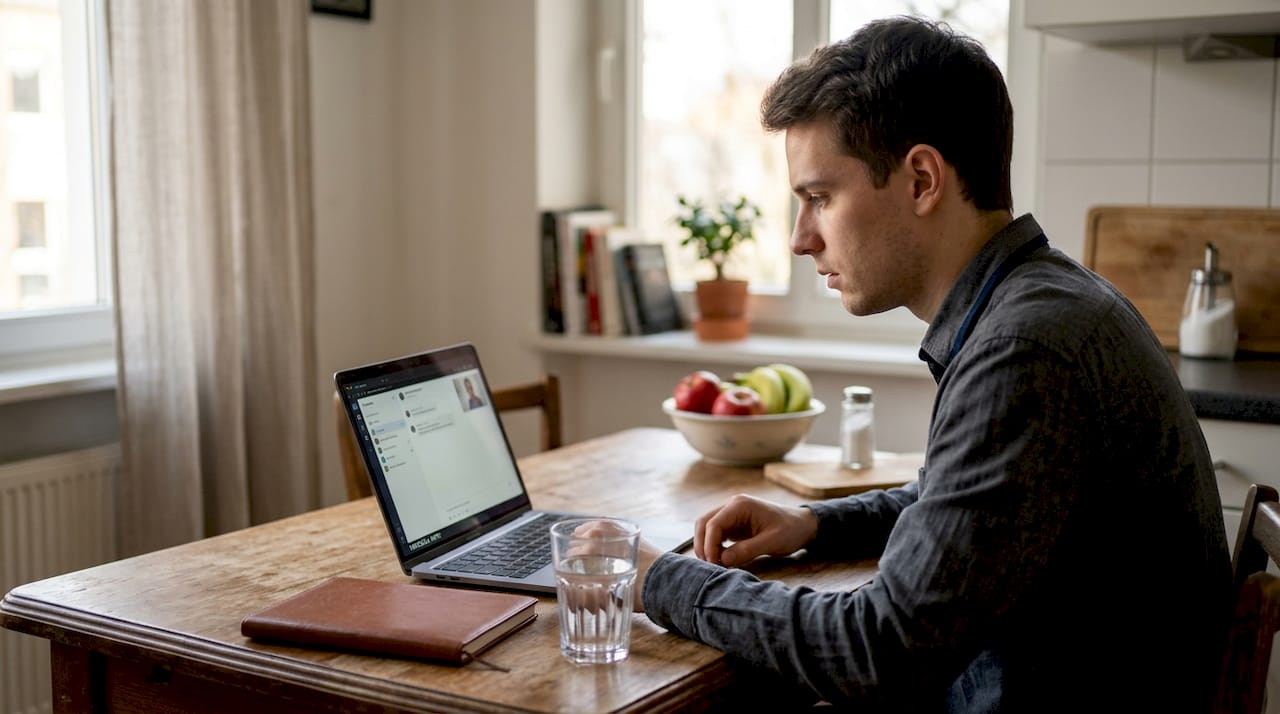 Eine Person führt ein Videogespräch mit ihrem Arzt bequem am Küchentisch.