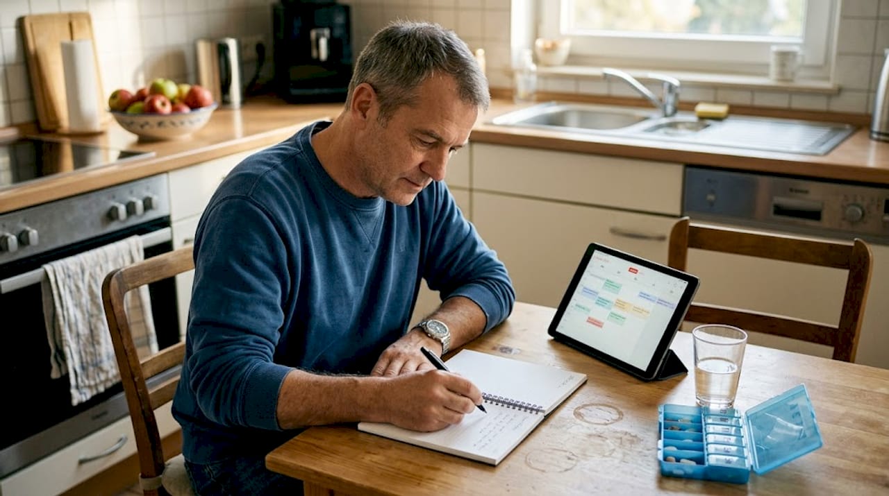 Ein Mann dokumentiert seine Medikamenteneinnahme am Küchentisch.