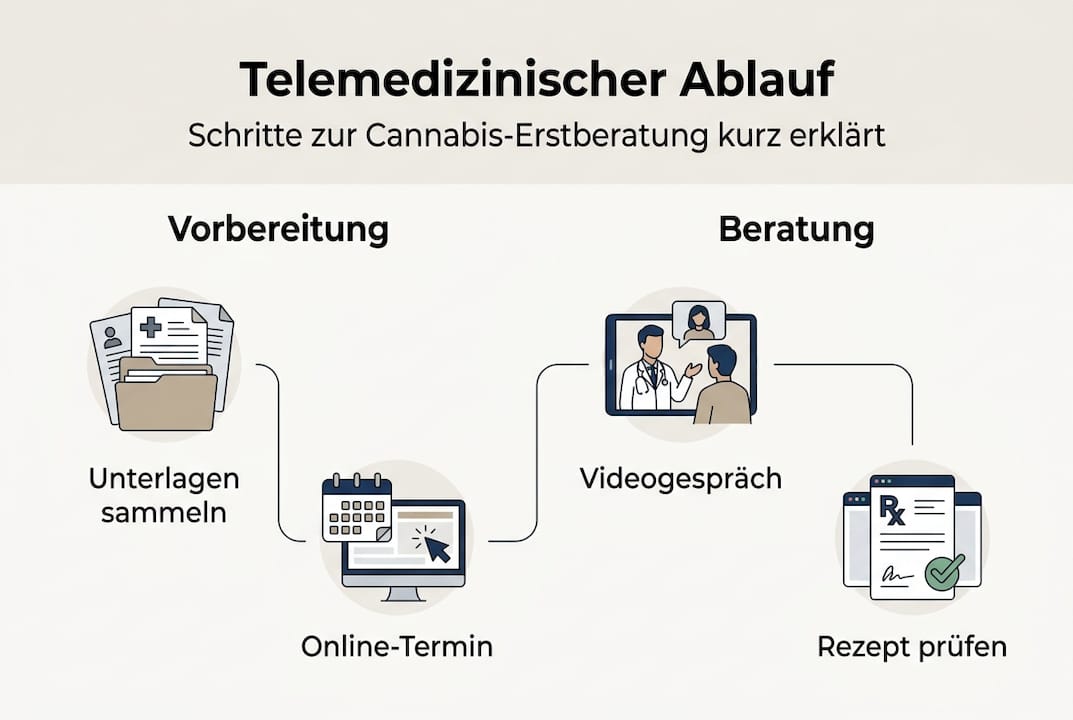Schritt-für-Schritt-Infografik: So läuft eine telemedizinische Cannabisberatung ab
