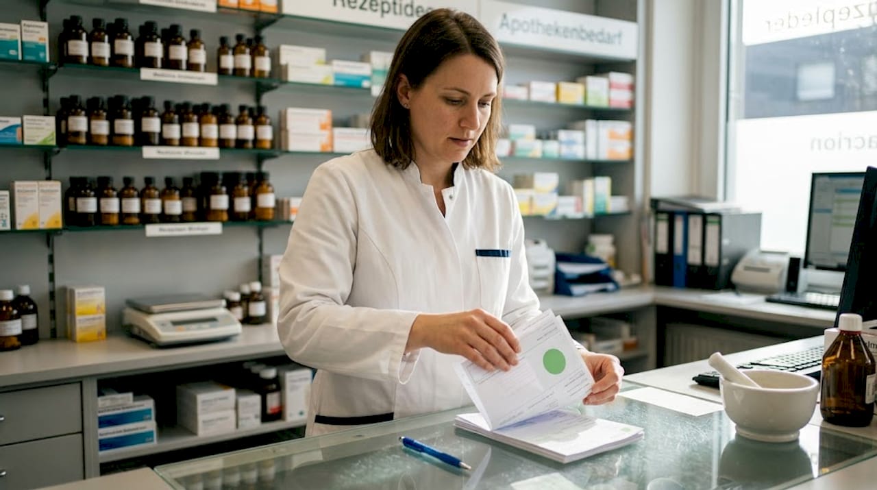 Eine Apothekerin sortiert Rezepte hinter dem Handverkaufstisch der Apotheke.