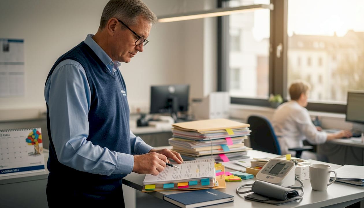 Ein Arzt prüft Patientenakten im Zusammenhang mit einer möglichen Cannabis-Therapie.