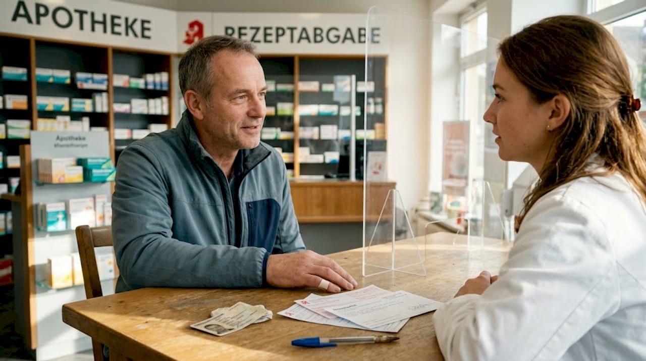 Ein Kunde lässt sich von einer Apothekerin fachkundig beraten.