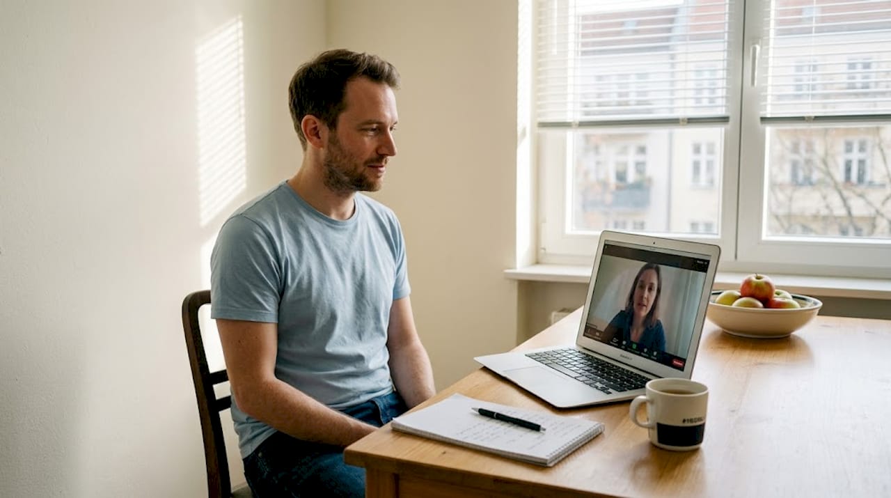 Ein Mann nimmt an einer Online-Therapiesitzung am Küchentisch teil.