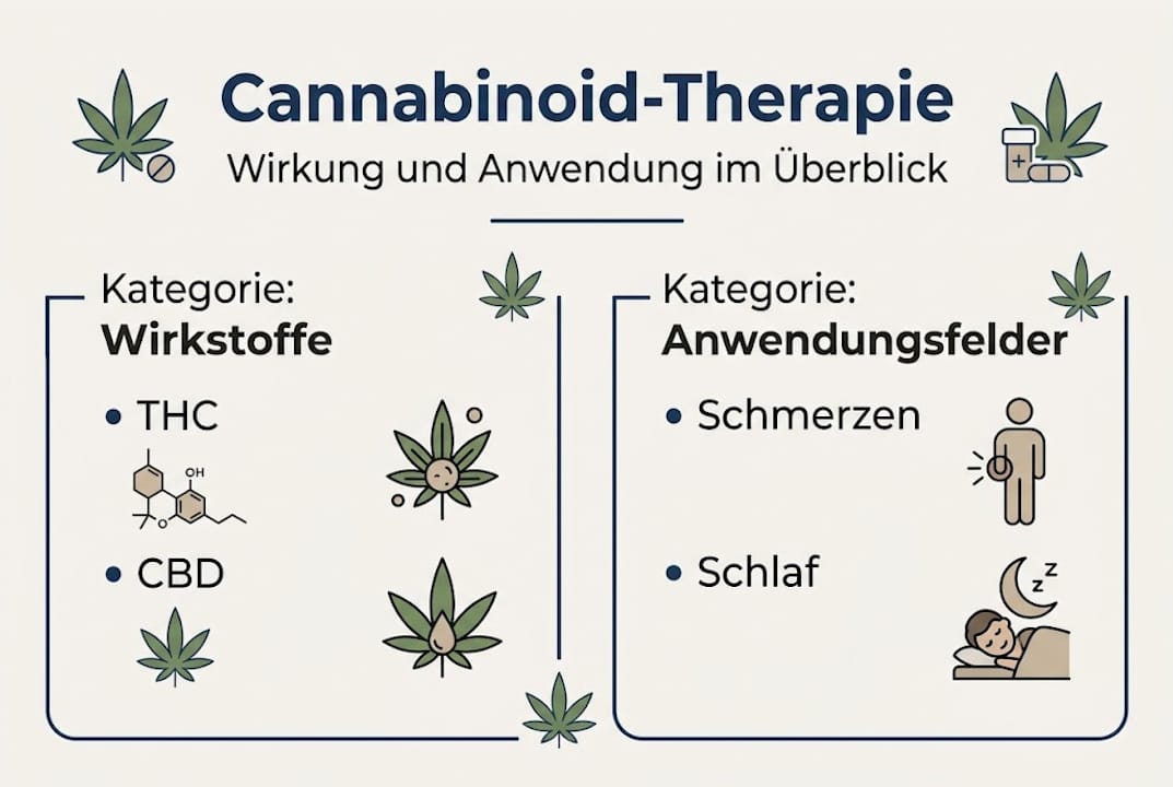Übersichtsgrafik: Cannabinoid-Therapie – Wirkstoffe und Anwendungsgebiete im Überblick