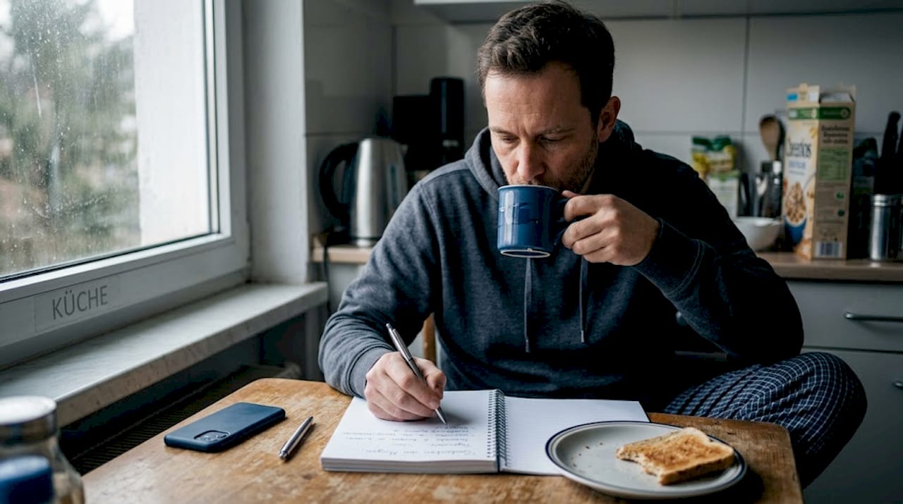 Ein Mann hält morgens in seinem Tagebuch fest, wie er geschlafen hat.