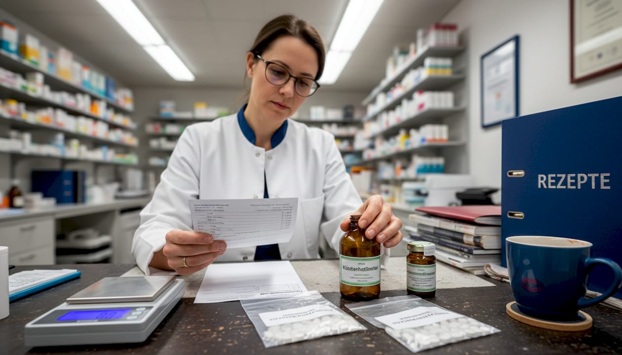 Eine Apothekerin prüft ein Rezept für medizinisches Cannabis.