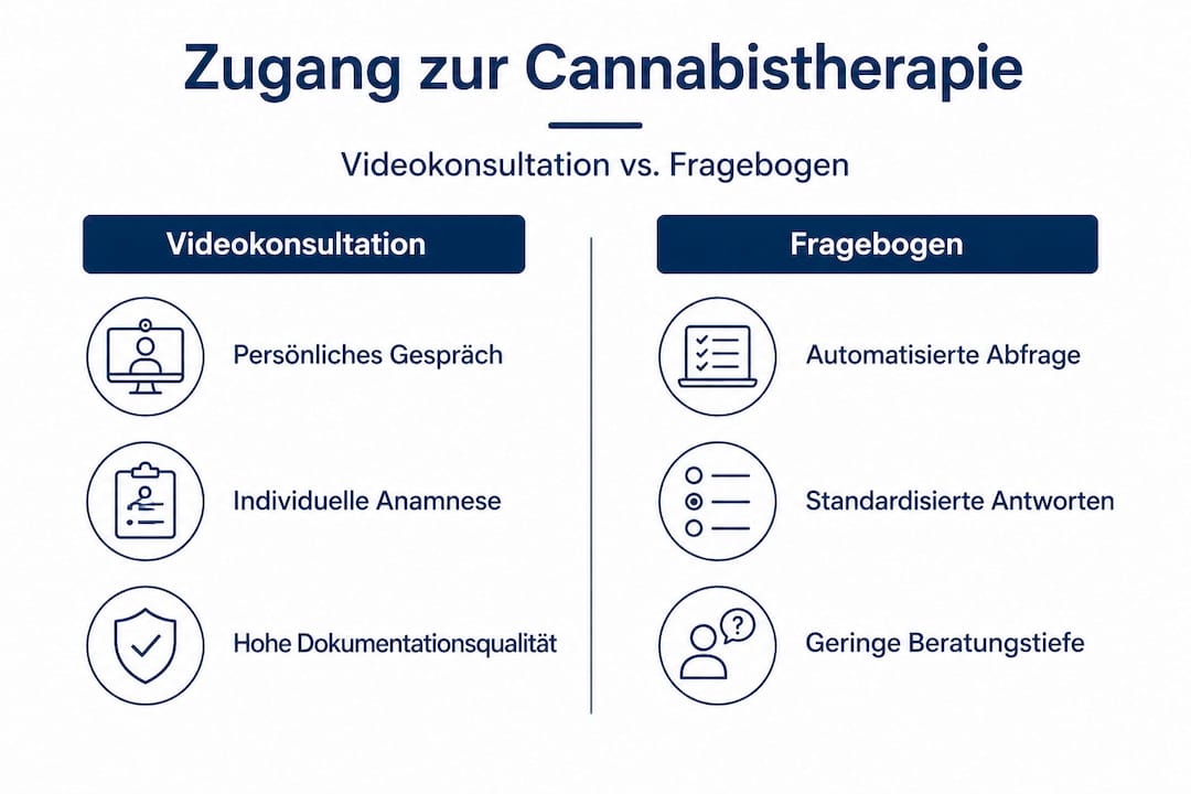 Grafik: Video-Sprechstunde oder Fragebogen – welcher Weg zur Cannabis-Therapie passt besser?