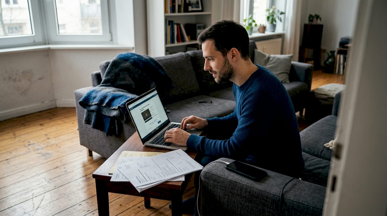 Ein Mann richtet im Wohnzimmer seine Telemedizin-Ausrüstung ein.