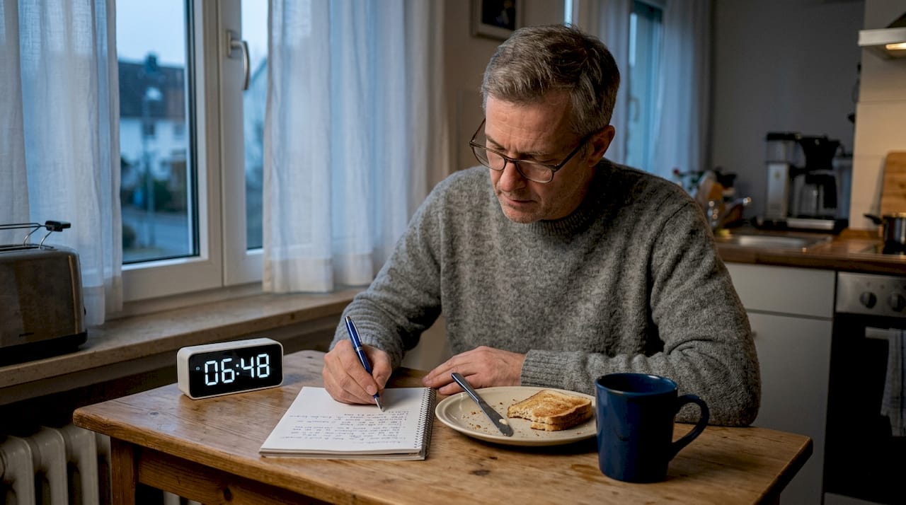 Ein Mann sitzt morgens in der Küche und hält seine Schlafgewohnheiten im Tagebuch fest.