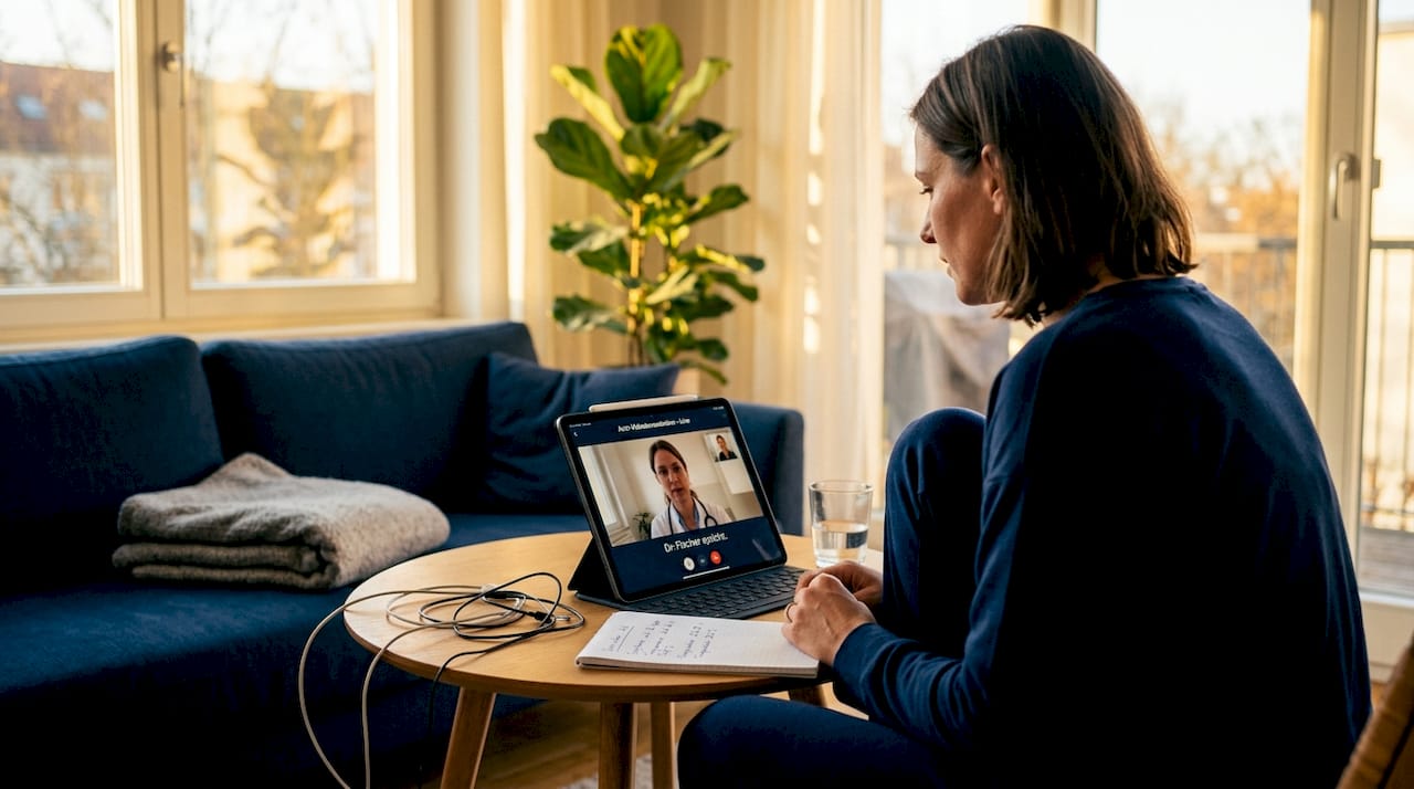 Eine Patientin nimmt in ihrem freundlich eingerichteten Wohnzimmer an einem Videotermin teil.