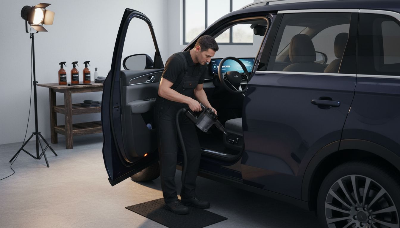 Detailer working on immaculate car interior