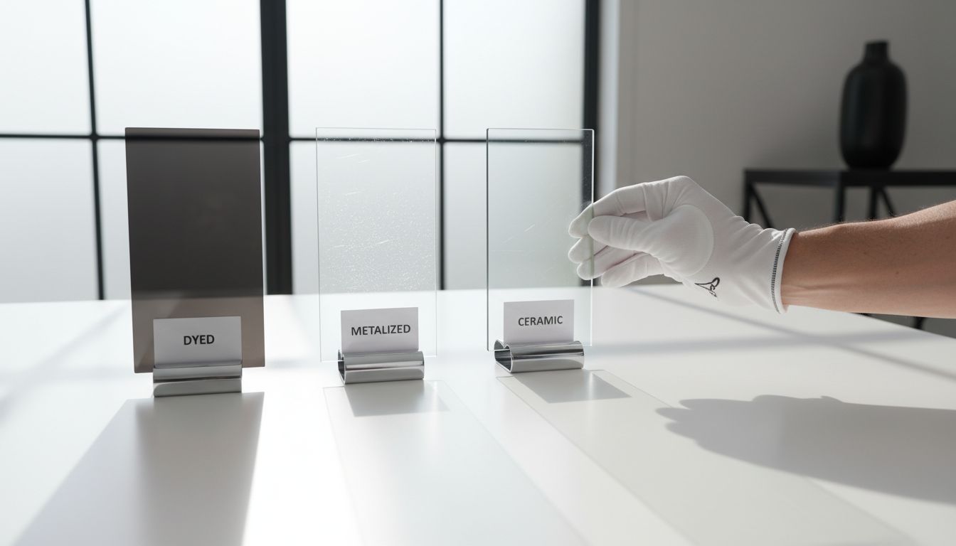 Samples of dyed, metalized, and ceramic tint