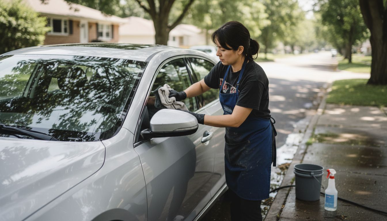 Woman drying car exterior with microfiber towel