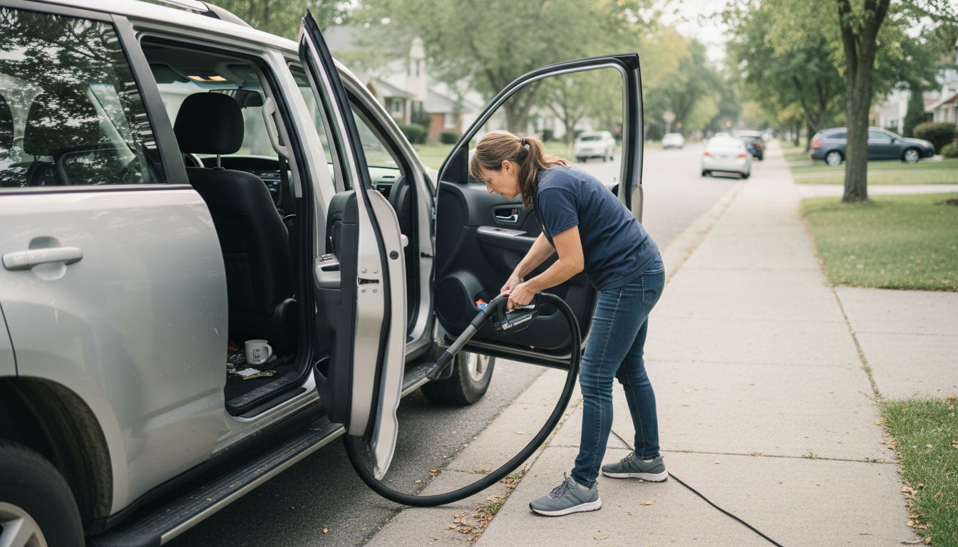 Vacuuming SUV interior neighborhood curb