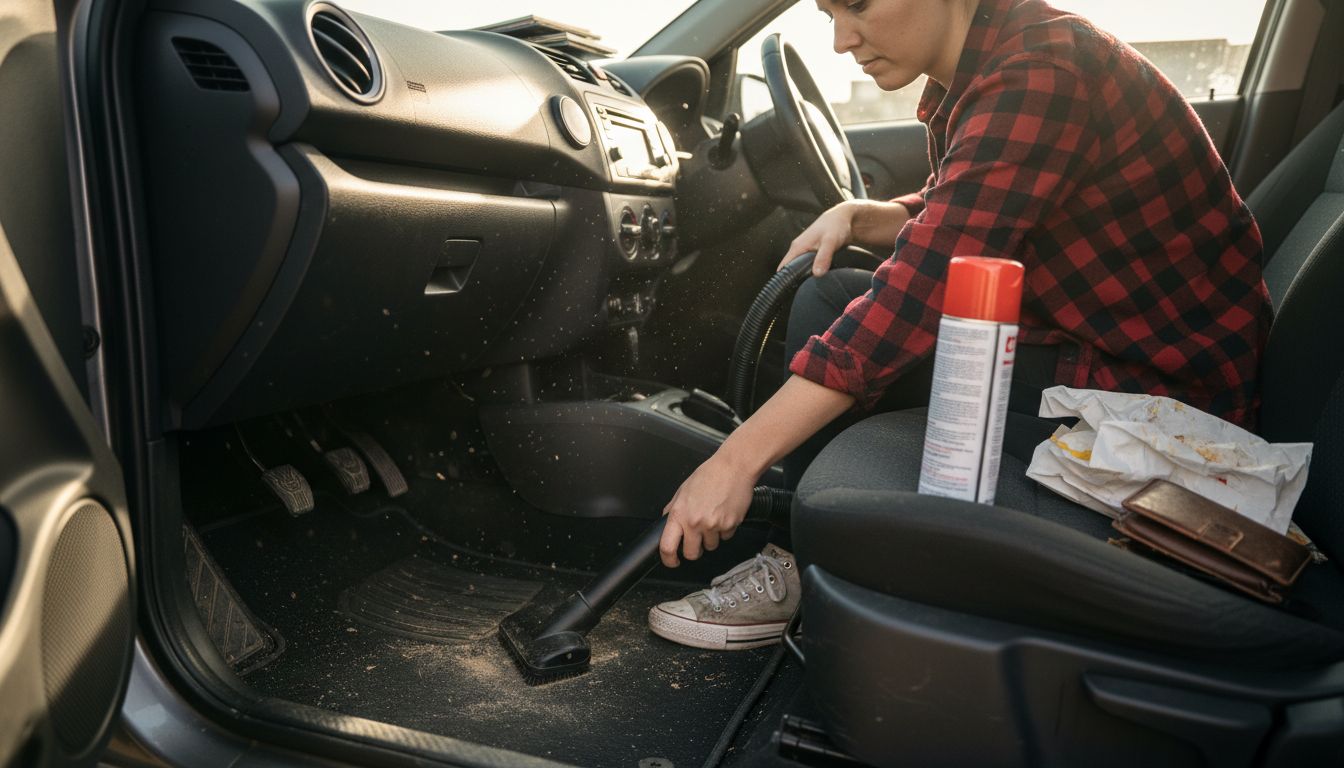 Vacuuming car floor mat closeup view