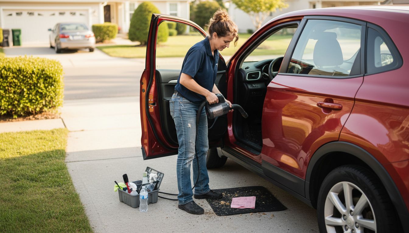 Vacuuming SUV interior on suburban driveway
