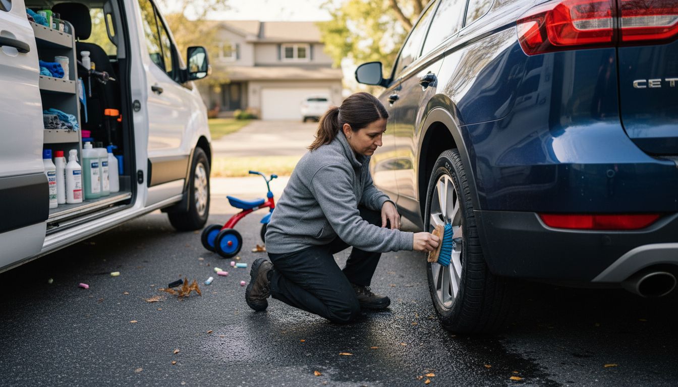 Mobile detailer cleaning SUV in driveway